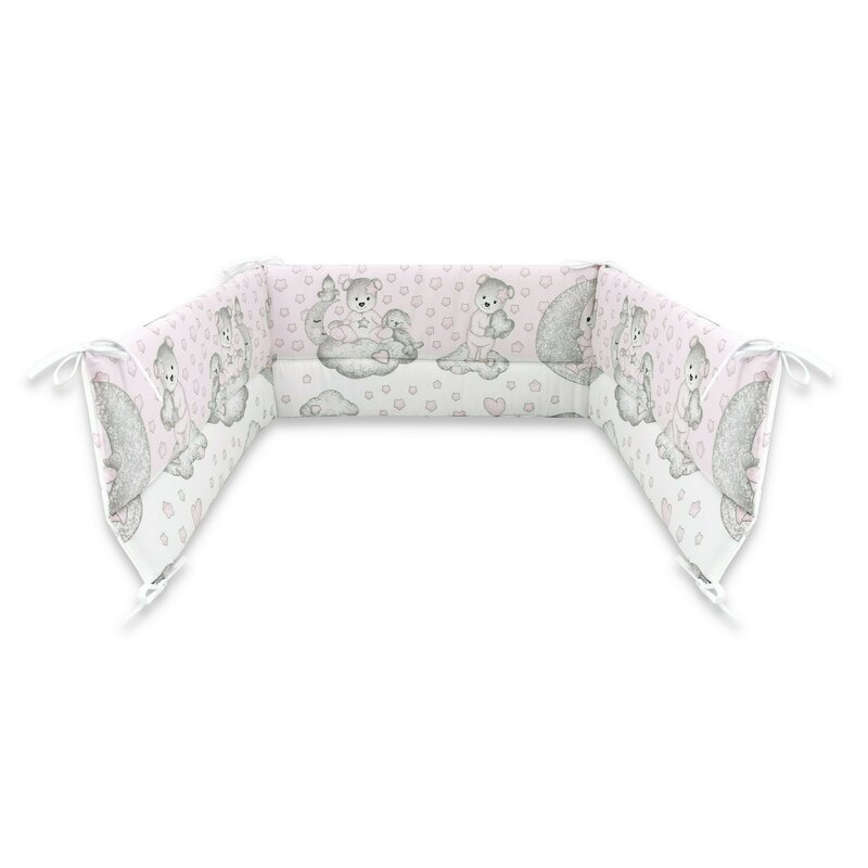 Qmini - aparatoare pentru patut 120x60 cm, din bumbac, 180x30 cm, cu panglici, teddy bear with pink heart