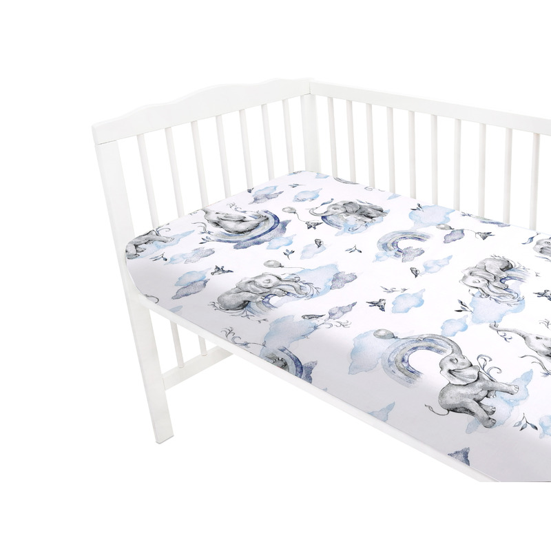 Qmini - Cearceaf cu elastic pentru patut 120x60 cm, Din bumbac certificat Oeko Tex Standard 100, Elephants on Rainbow Blue