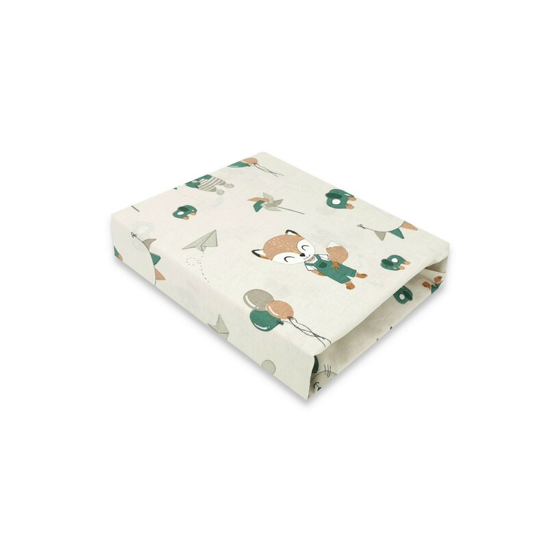 Qmini - Cearceaf cu elastic pentru patut 120X60 cm, Din bumbac certificat Oeko Tex Standard 100, Fox and Rabbit, Beige