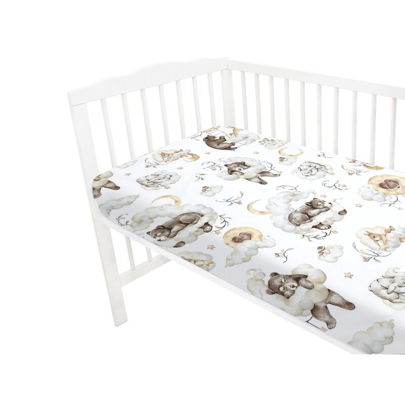 Qmini - Cearceaf cu elastic pentru patut 120x60 cm, Din bumbac certificat Oeko Tex Standard 100, Teddy Bear and Friends Beige