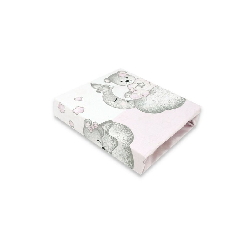 Qmini - Cearceaf cu elastic pentru patut 120X60 cm, Din bumbac certificat Oeko Tex Standard 100, Teddy Bear with Pink Heart