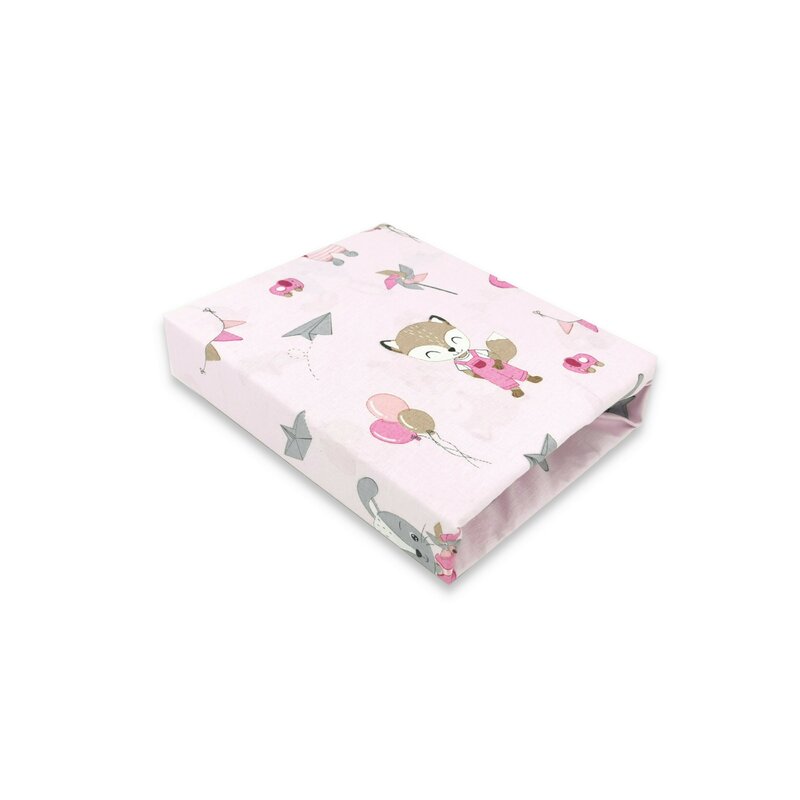 Qmini - Cearceaf cu elastic pentru patut 140X70 cm, Din bumbac certificat Oeko Tex Standard 100, Fox and Rabbit, Pink