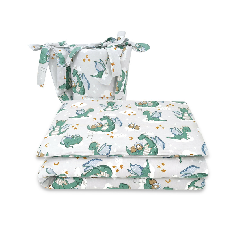 Qmini - lenjerie patut 3 piese, cu protectie laterala, din bumbac certificat oeko tex standard 100, pentru patut 140x70 cm, dragons gray