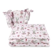 Qmini - Lenjerie patut 3 piese, Cu protectie laterala, Din bumbac certificat Oeko Tex Standard 100, Pentru patut 120x60 cm, Teddy Bears on Rainbow, Pink