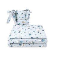 Qmini - Lenjerie patut 3 piese, Cu protectie laterala, Din bumbac certificat Oeko Tex Standard 100, Pentru patut 140x70 cm, Fox and Rabbit, Blue