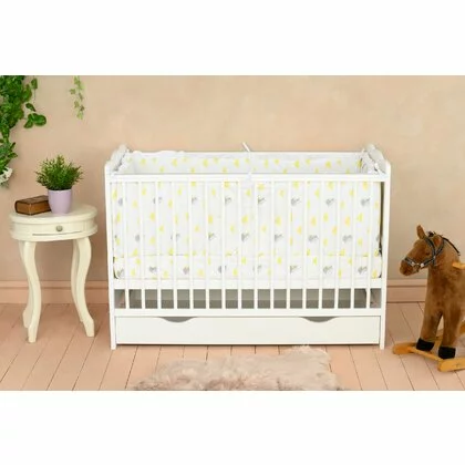 Patut din lemn bebe, 120x60 cm, Cu sertar, Cu sina speciala pentru dentitie, Multifunctional,  EN716-1, EN716-2, Alb, Qmini, Julia