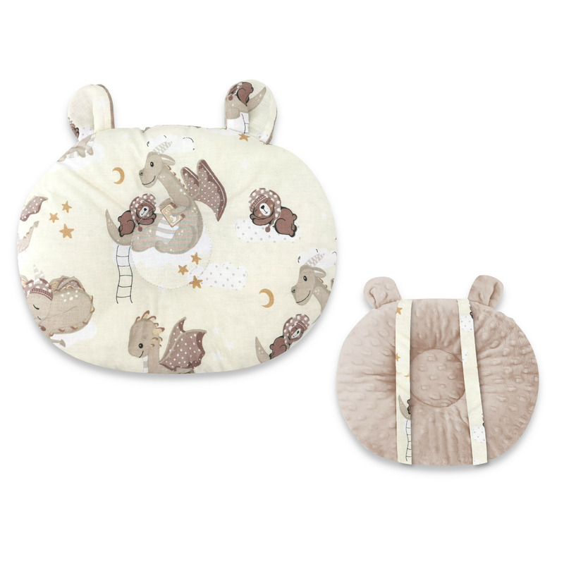 Qmini - perna bebelusi ursulet, multifunctionala, cu doua fete, tesatura pufoasa minky si bumbac, materiale certificate oeko tex standard 100, dimensiune 30x23 cm, minky dragons beige