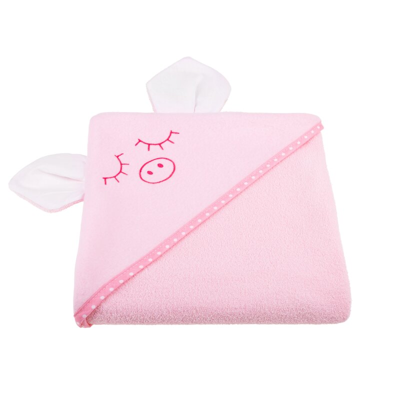 Qmini - Prosop cu gluga cu urechi, Din bumbac, Dimensiune mare 80x80 cm, Pink Piggy