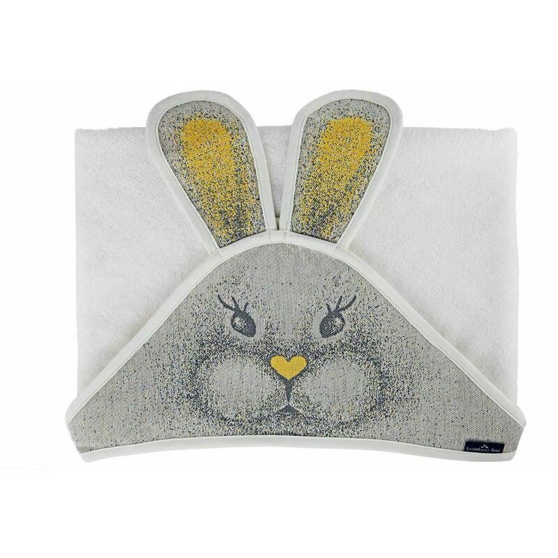 Qmini - prosop pufos cu gluga pentru bebelusi si copii, din bambus, dimensiune 85x85 cm, rabbit yellow