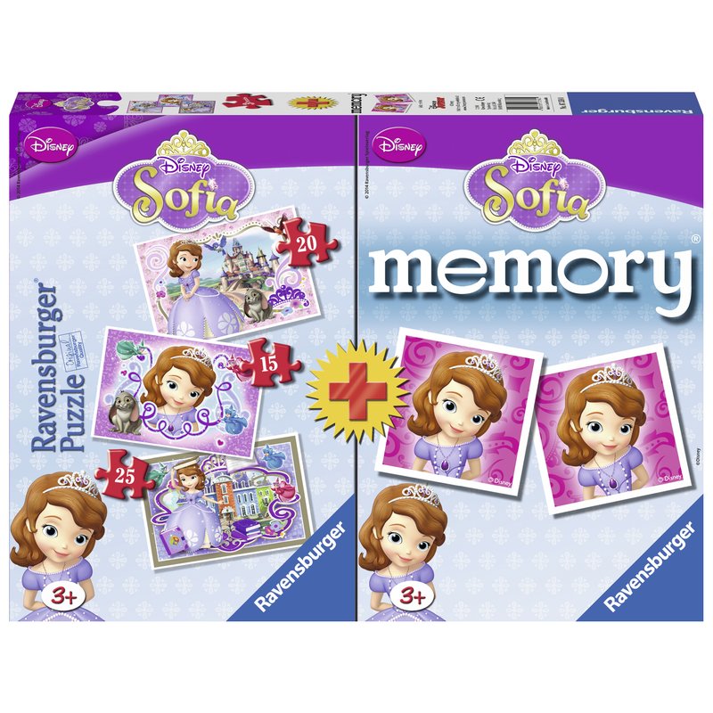 Ravensburger - Puzzle + Joc Memory Printesa Sofia, 3 buc in cutie 15/20/25 piese