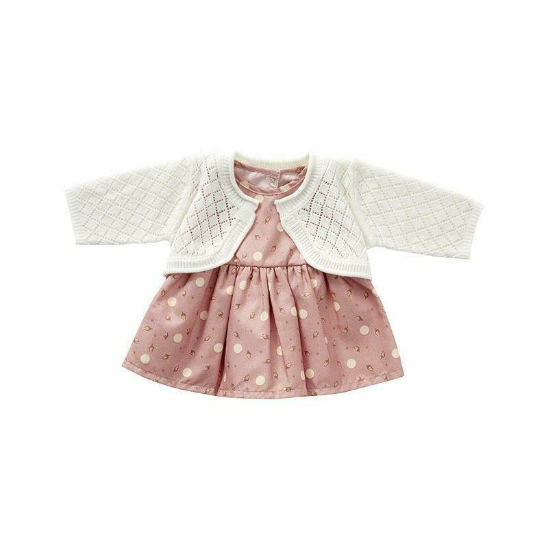 Rochita roz si cardigan tricotat alb, pentru papusi 30-35cm, byASTRUP