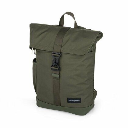 Rucsac pentru mamici, Petite&Mars, Jackob, Compartimentare multipla, Buzunare termoizolante si impermeabile si pentru laptop, Sistem prindere carucior, Include salteluta de infasat, 30 x 46 x 15 cm, Verde
