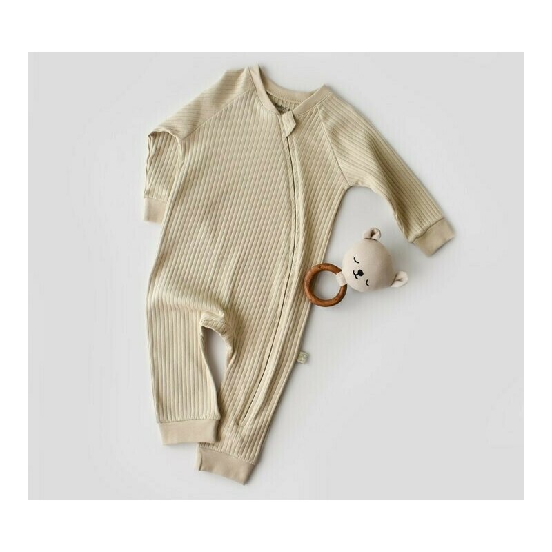 Babycosy - Salopeta cu fermoar cu maneca lunga si panataloni lungi din 95%bumbac organic si 5% elastan - Crem, Baby Cosy (Marime: 9-12 luni)