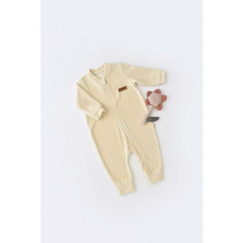 Babycosy - Salopeta cu maneca lunga si fermoar din 80%bumbac organic si 20% poliester -Crem, Baby Cosy (Marime: 12-18 Luni)