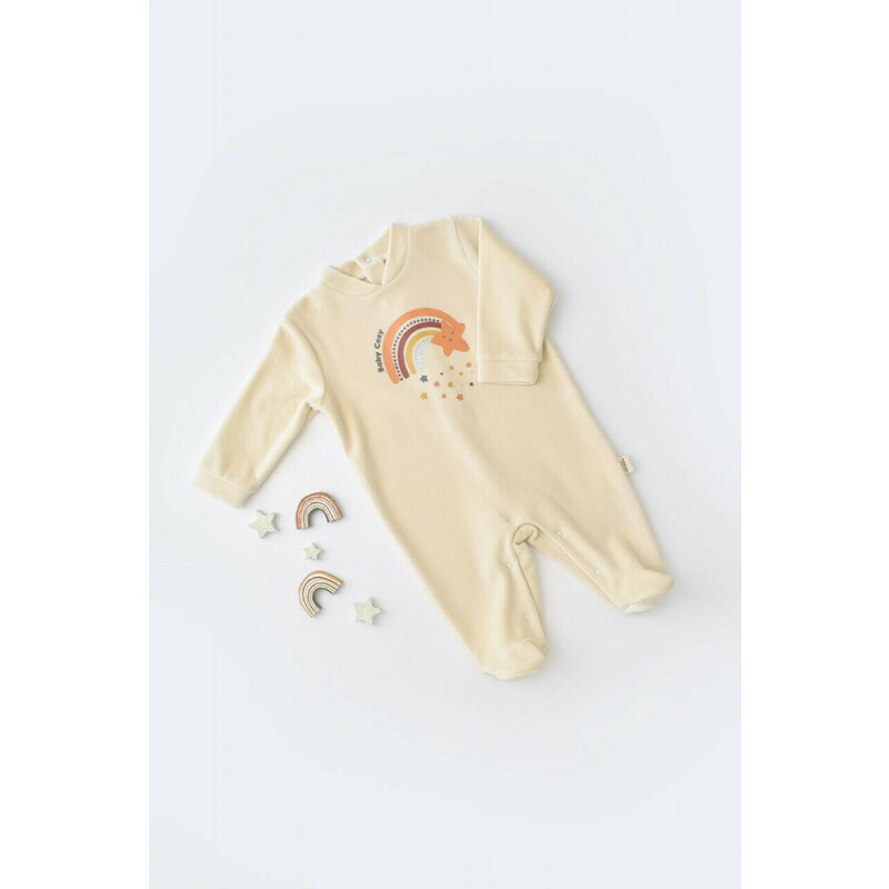 Babycosy - Salopeta Curcubeu cu maneca lunga si botosei din 80%bumbac organic si 20% poliester - Crem, Baby Cosy (Marime: 0-3 Luni)