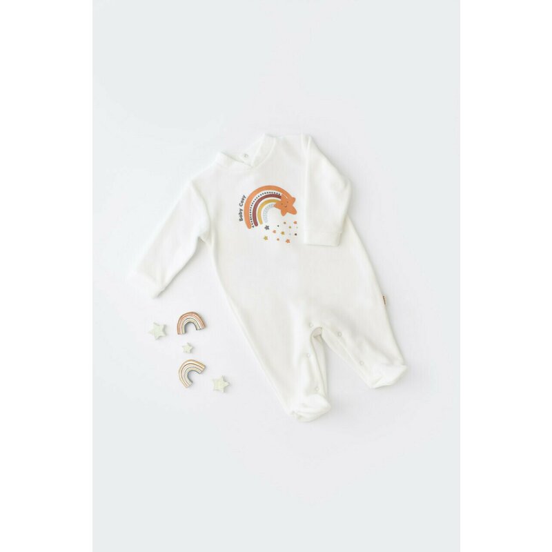 Babycosy - Salopeta Curcubeu cu maneca lunga si botosei din 80%bumbac organic si 20% poliester - Ecru, Baby Cosy (Marime: 3-6 Luni)