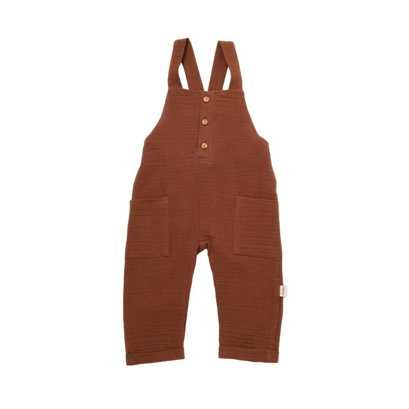 Salopeta de vara cu buzunare din muselina, babycosy, 100% bumbac organic, caramiziu (marime: 12-18 luni)
