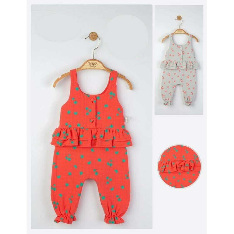 Tongs baby - Salopeta de vara din muselina pentru bebelusi Natural, (Marime: 3-6 Luni, Culoare: Corai)