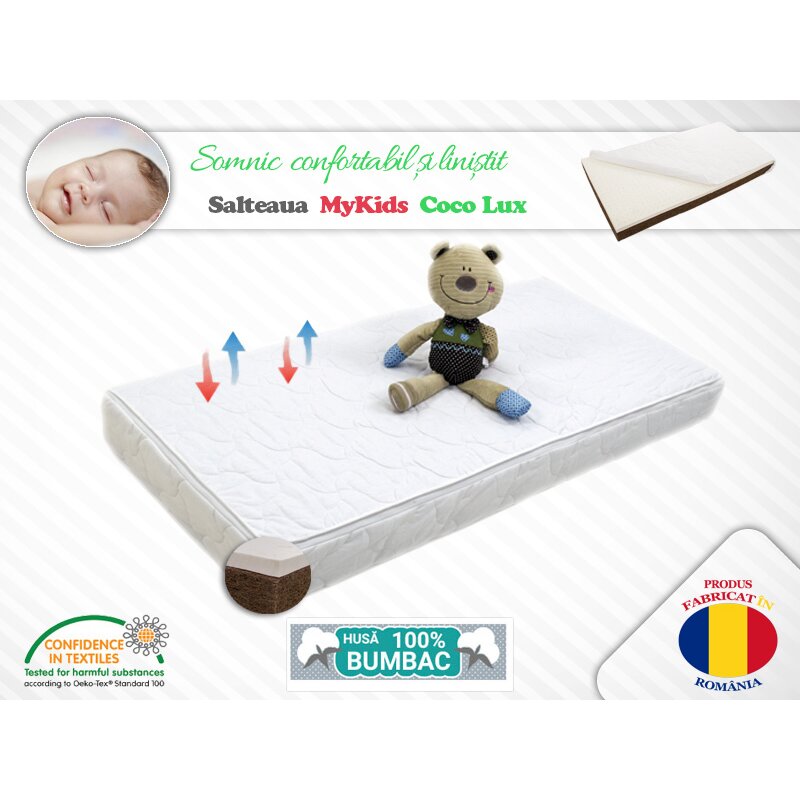 MyKids - Saltea pentru patut Coco Lux din Bumbac, 120x60 cm, 8 cm Cocos-Latex, Alb