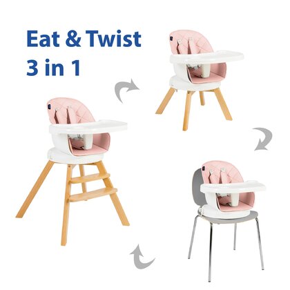 Juju - Scaun de masa Multifunctional Eat&Twist , 3 in 1, Cu sezut rotativ, Roz
