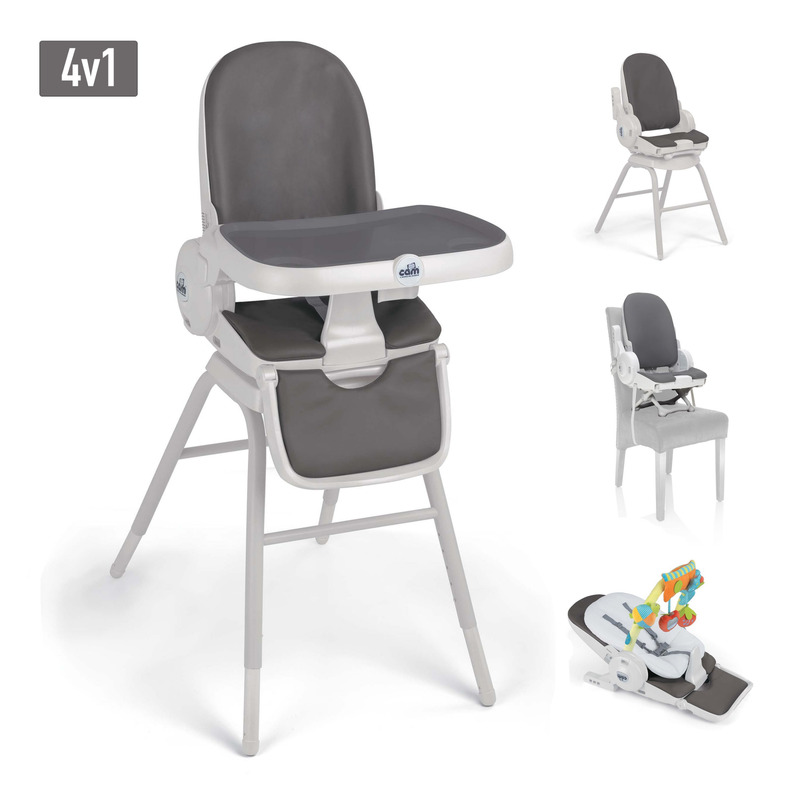 Scaun de masa 4in1 pentru bebelusi si copii, cam original, inaltime ajustabila, varsta 0-14 ani, pliabil, centura de siguranta in 5 puncte, depozitare, gri