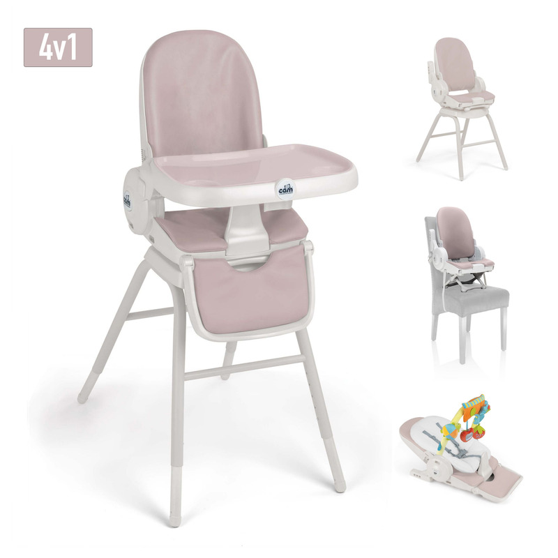Scaun de masa 4in1 pentru bebelusi si copii, cam original, inaltime ajustabila, varsta 0-14 ani, pliabil, centura de siguranta in 5 puncte, depozitare, rose