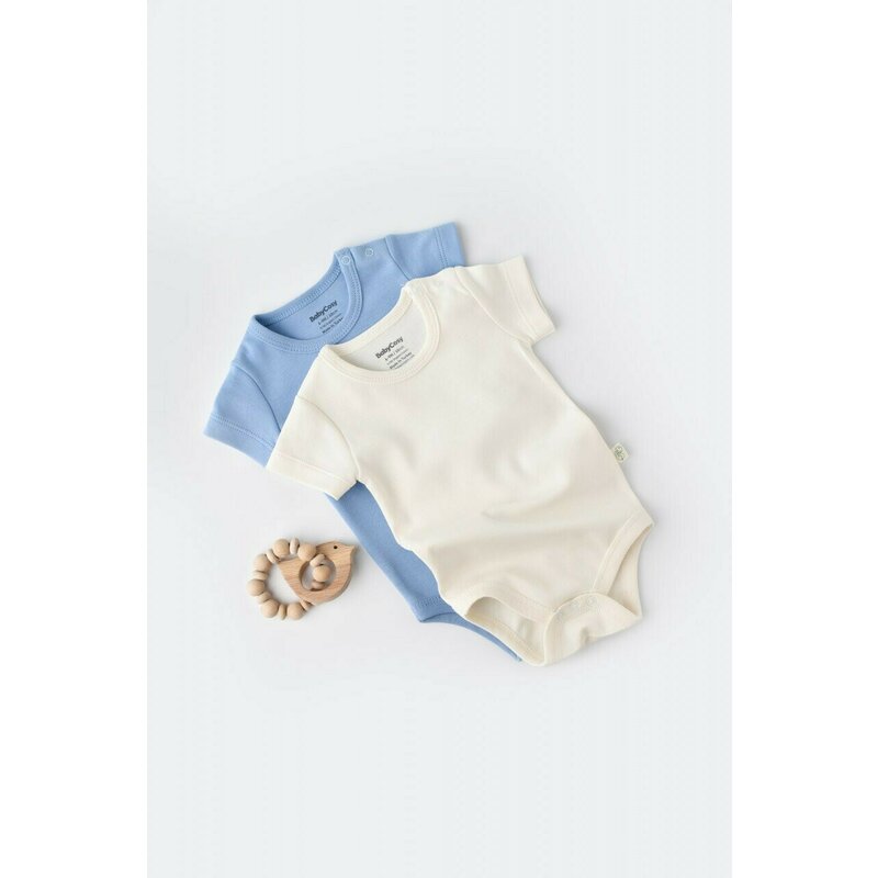Babycosy - Set 2 body-uri bebe unisex -100% bumbac organic - Ecru/Bleu, Baby Cosy (Marime: 9-12 luni)