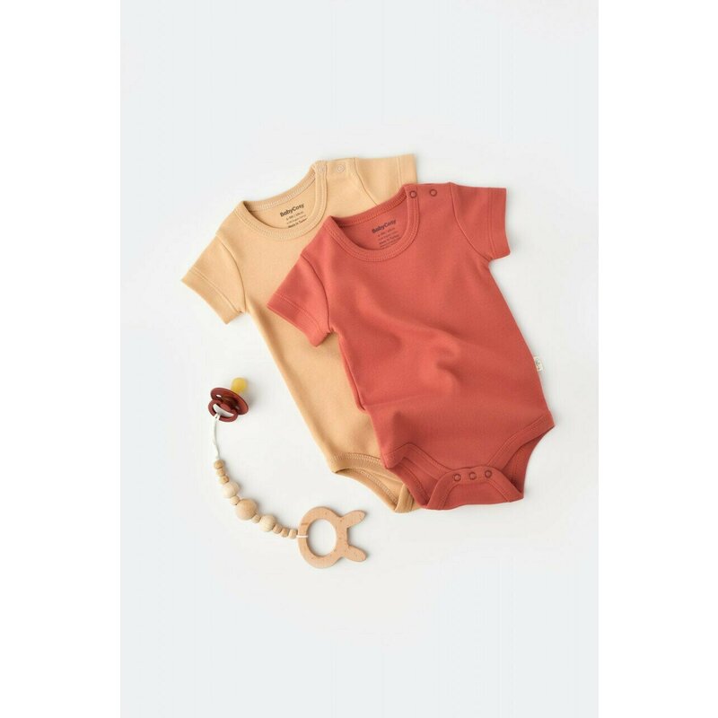 Babycosy - set 2 body-uri bebe unisex -100% bumbac organic - mustar/ scortisoara, baby cosy (marime: 9-12 luni)