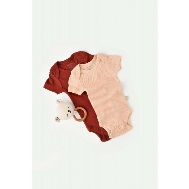 Babycosy - set 2 body-uri bebe unisex din bumbac organic si modal - caramiziu/somon, baby cosy (marime: 0-3 luni)
