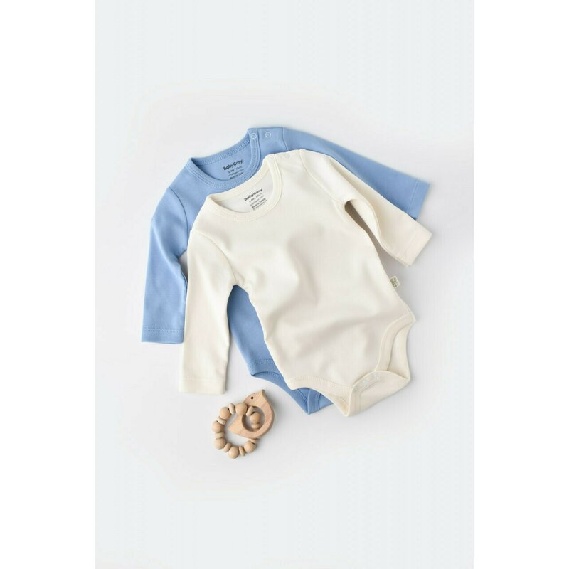 Babycosy - Set 2 body-uri cu maneca lunga bebe unisex -100% bumbac organic - Ecru/Bleu, Baby Cosy (Marime: 18-24 Luni)