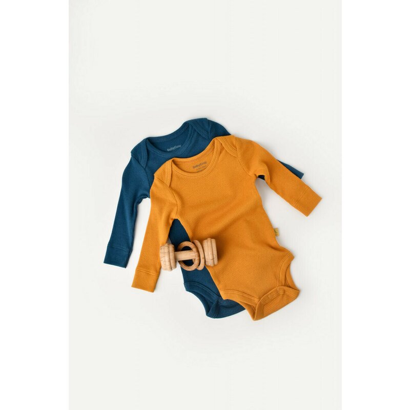 Babycosy - Set 2 body-uri cu maneca lunga bebe unisex din bumbac organic si modal - Bleumarin/Sofran, Baby Cosy (Marime: 0-3 Luni)