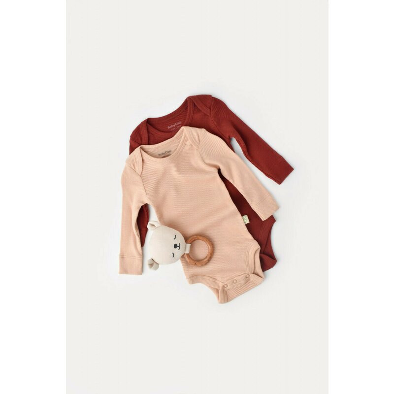 Babycosy - Set 2 body-uri cu maneca lunga bebe unisex din bumbac organic si modal - Caramiziu/Somon, Baby Cosy (Marime: 9-12 luni)