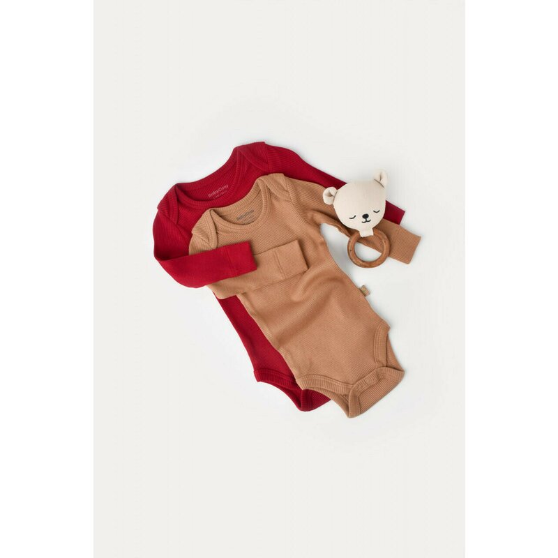 Babycosy - Set 2 body-uri cu maneca lunga bebe unisex din bumbac organic si modal - Maro/Rosu, Baby Cosy (Marime: 3-6 Luni)