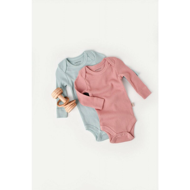 Babycosy - Set 2 body-uri cu maneca lunga bebe unisex din bumbac organic si modal - Mint/Rose, Baby Cosy (Marime: 6-9 luni)