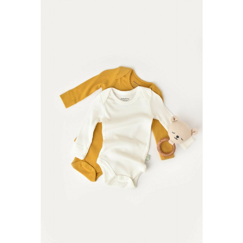 Babycosy - Set 2 body-uri cu maneca lunga bebe unisex din bumbac organic si modal - Mustar/Ecru, Baby Cosy (Marime: 12-18 Luni)