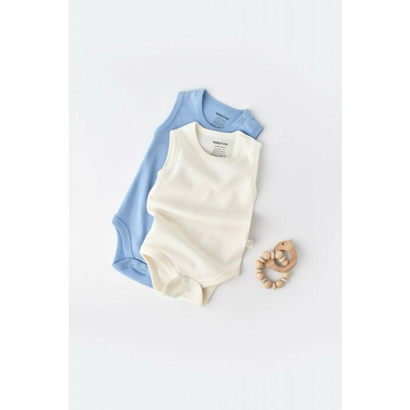 Babycosy - Set 2 body-uri fara maneci bebe unisex -100% bumbac organic - Ecru/Bleu, Baby Cosy (Marime: 18-24 Luni)