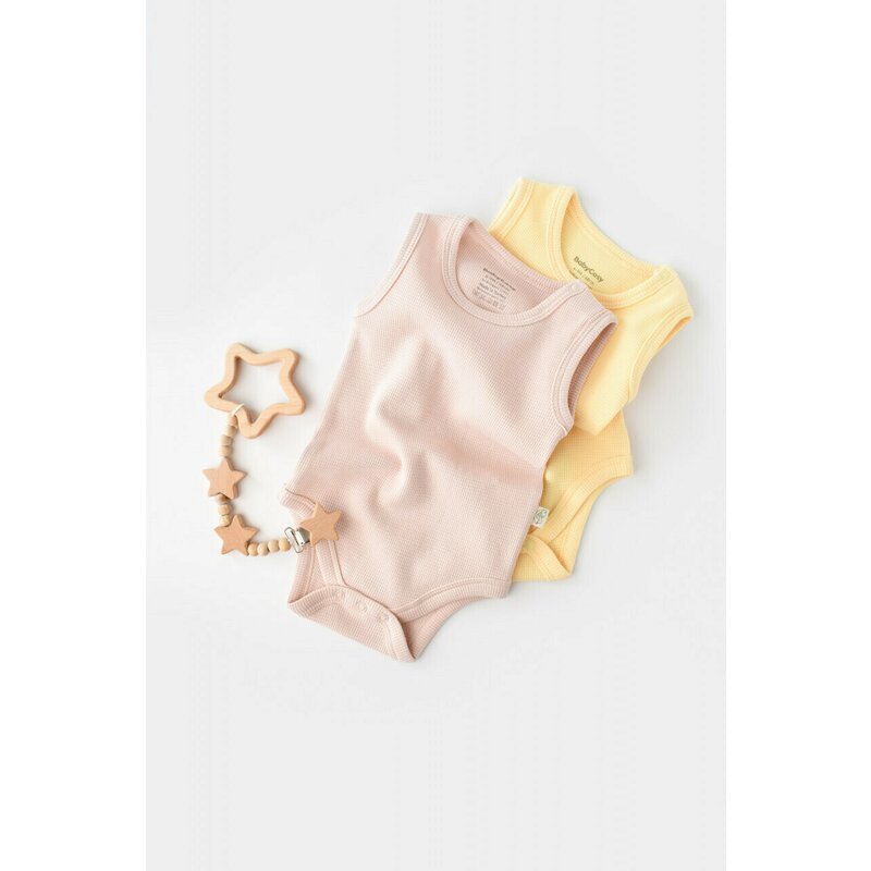 Babycosy - Set 2 body-uri fara maneci bebe unisex -100% bumbac organic - Galben/Roz, Baby Cosy (Marime: 3-6 Luni)