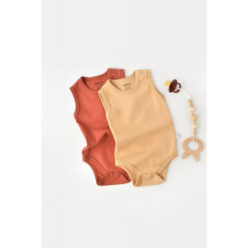 Babycosy - set 2 body-uri fara maneci bebe unisex -100% bumbac organic - mustar/ scortisoara, baby cosy (marime: 6-9 luni)