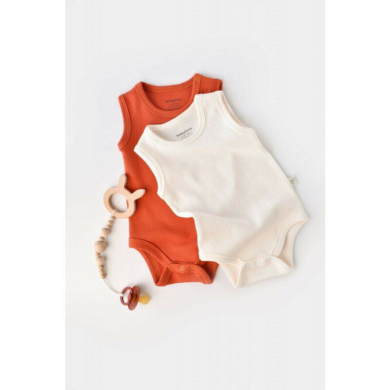 Babycosy - Set 2 body-uri fara maneci bebe unisex -100% bumbac organic -Scortisoara/Ecru, Baby Cosy (Marime: 12-18 Luni)