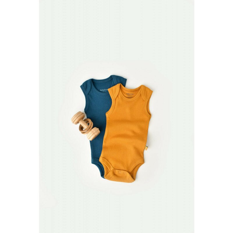 Babycosy - Set 2 body-uri fara maneci bebe unisex din bumbac organic si modal - Bleumarin/Sofran, Baby Cosy (Marime: 0-3 Luni)