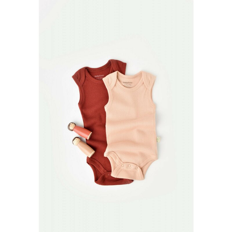 Babycosy - Set 2 body-uri fara maneci bebe unisex din bumbac organic si modal - Caramiziu/Somon, Baby Cosy (Marime: 0-3 Luni)