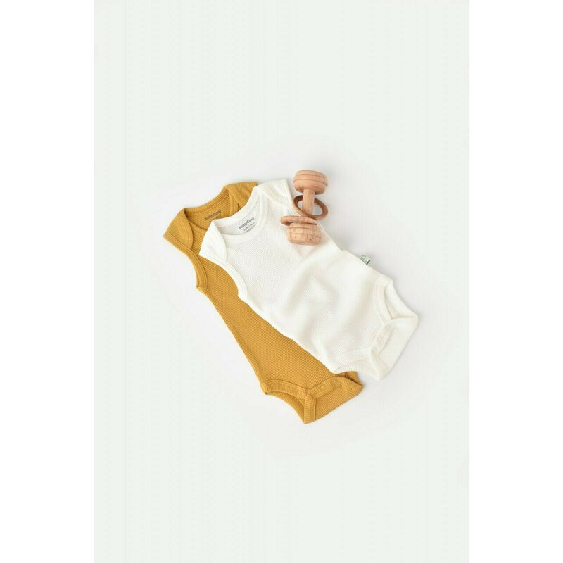 Babycosy - Set 2 body-uri fara maneci bebe unisex din bumbac organic si modal - Mustar/Ecru, Baby Cosy (Marime: 9-12 luni)