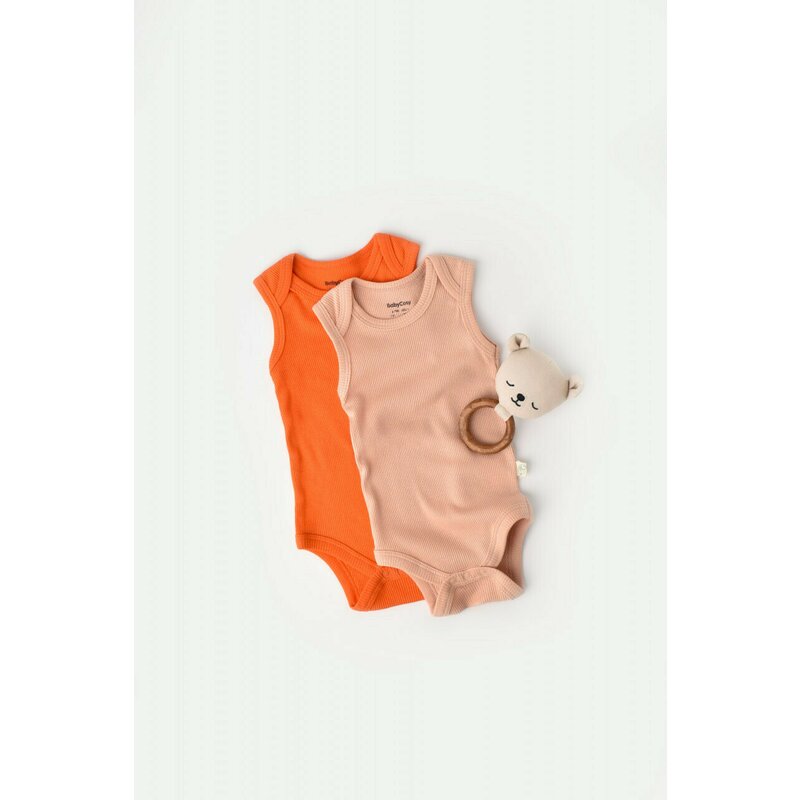 Babycosy - Set 2 body-uri fara maneci bebe unisex din bumbac organic si modal - Rodie/Piersica, Baby Cosy (Marime: 0-3 Luni)