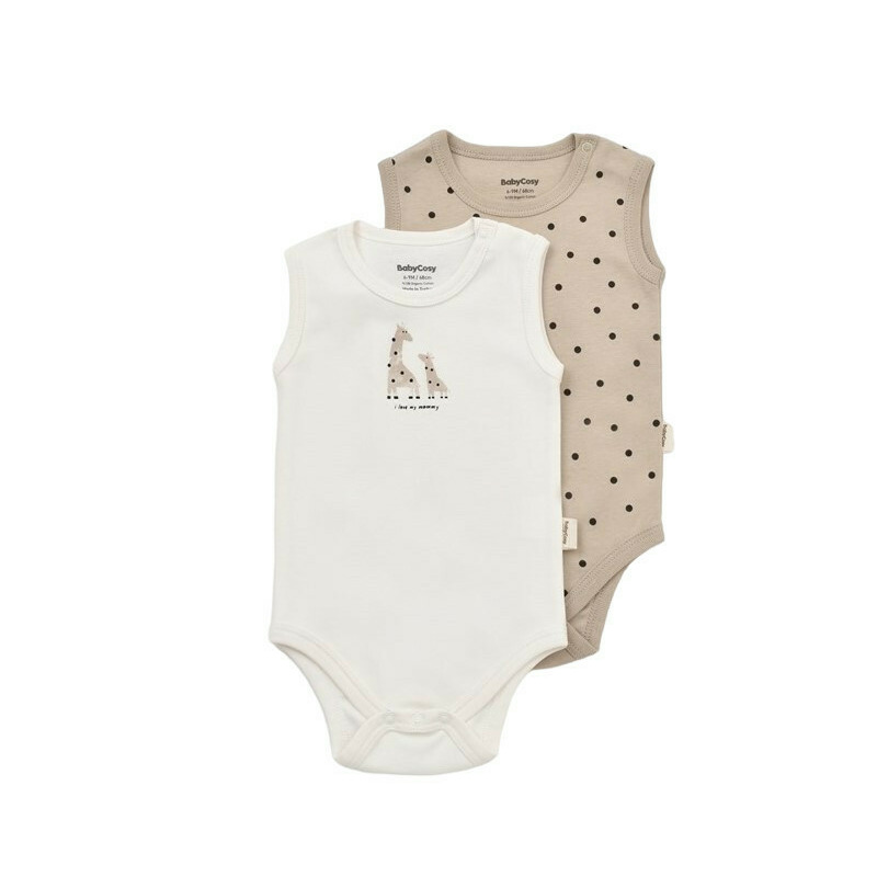 Set 2 body-uri fara maneci bebe unisex Girafa, Baby Cosy, 100% bumbac organic (Marime: 0-3 Luni)