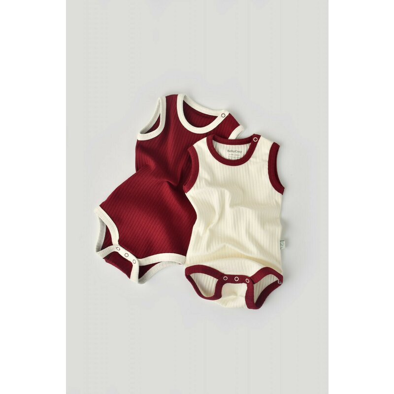 Babycosy - Set 2 body-uri fara maneci Ribana Bebe Unisex din bumbac organic si 5%elastan - Ecru/Bordo (Marime: 12-18 Luni)