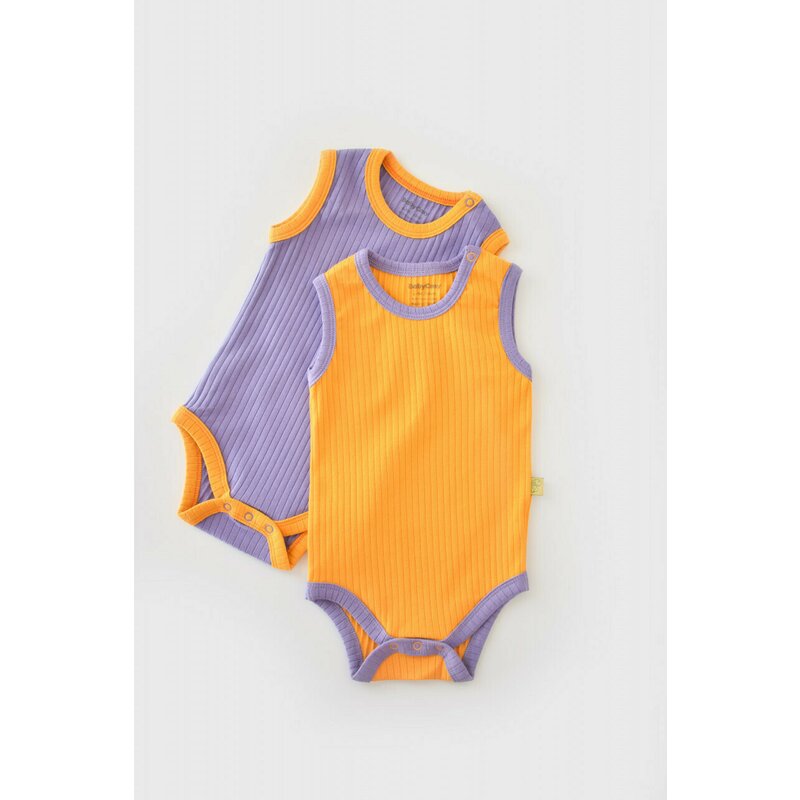 Set 2 body-uri fara maneci Ribana Bebe Unisex din bumbac organic si 5%elastan - Galben/Mov (Marime: 3-6 Luni)