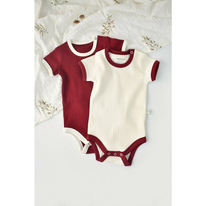 Babycosy - Set 2 body-uri Ribana Bebe Unisex din bumbac organic si 5%elastan - Ecru/Bordo, Baby Cosy (Marime: 6-9 luni)
