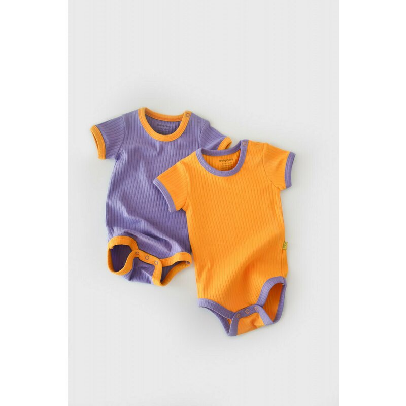 Babycosy - set 2 body-uri ribana bebe unisex din bumbac organic si 5%elastan - galben/mov (marime: 6-9 luni)