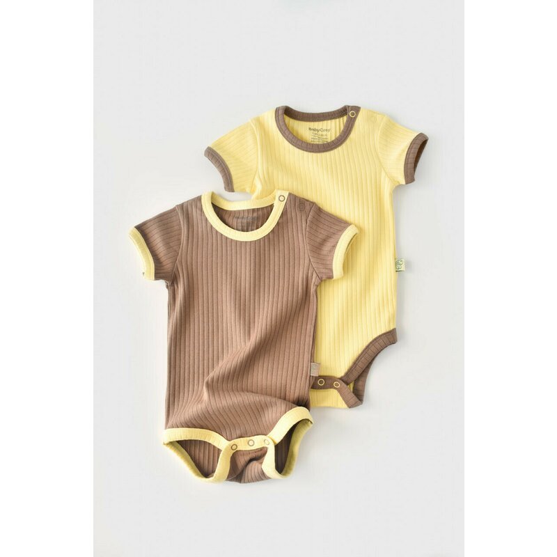 Babycosy - Set 2 body-uri Ribana Bebe Unisex din bumbac organic si 5%elastan - Vanilie/Maro (Marime: 18-24 Luni)