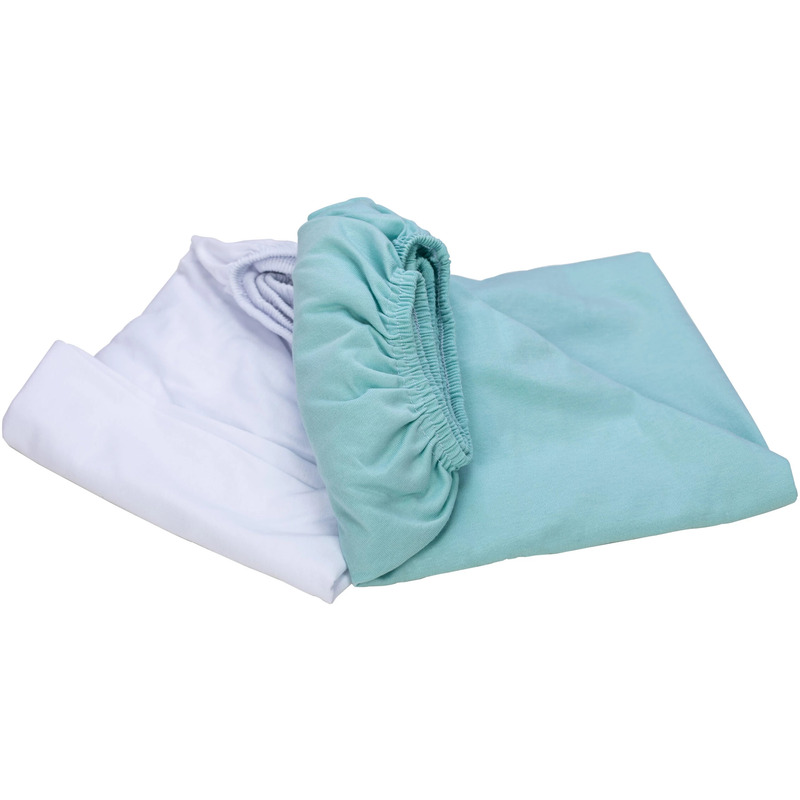 Set 2 cearceafuri cu elastic pentru patut leagan sau patut co-sleeper, bubaba, dimensiune 90x50 cm, din bumbac jersey, alb si mint